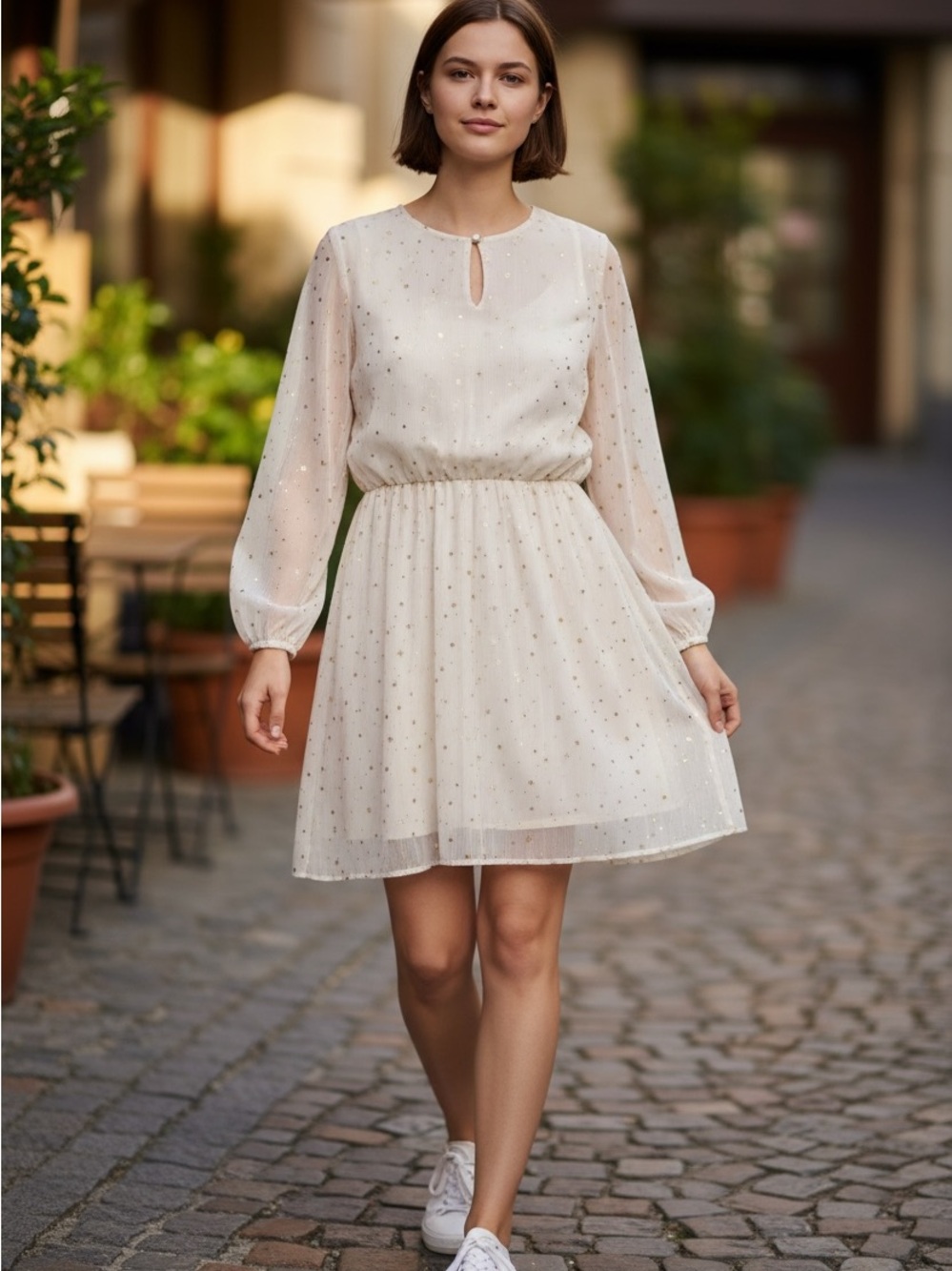 Allegra K Cream Sheer Star Dot Mini Dress